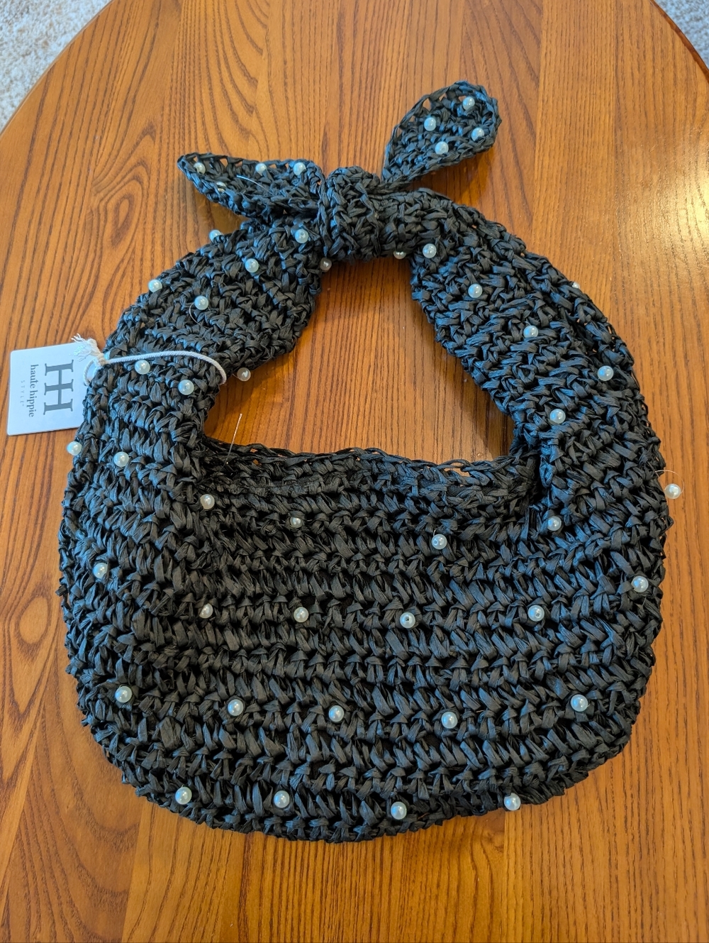 Haute Hippie Black Straw Woven Hobo Shoulder Bag With Faux Pearls - NEW